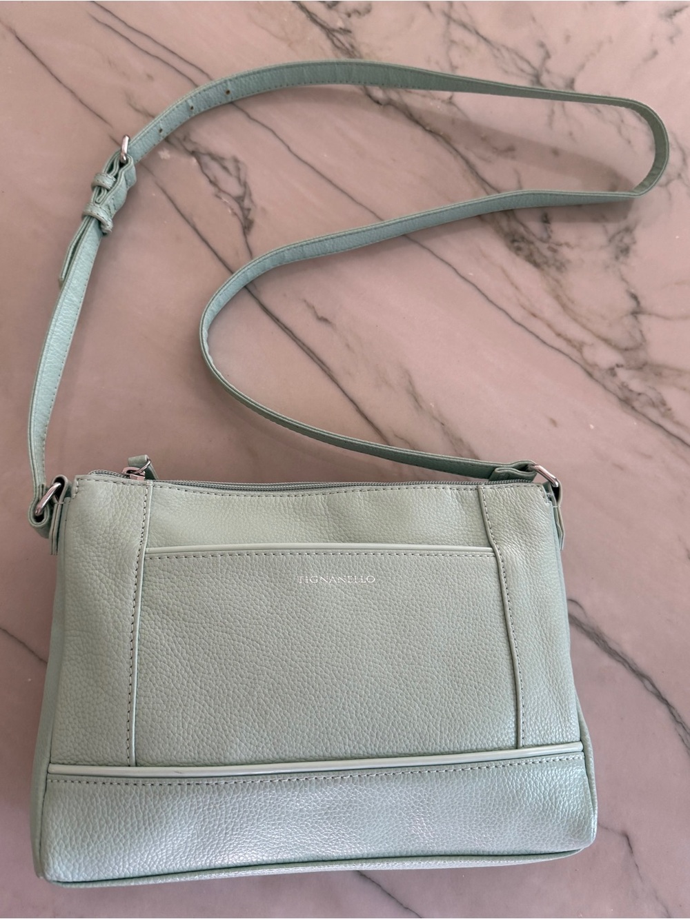 Tignanello Pebbled Leather Multi-Zip Crossbody Purse – Sage Green